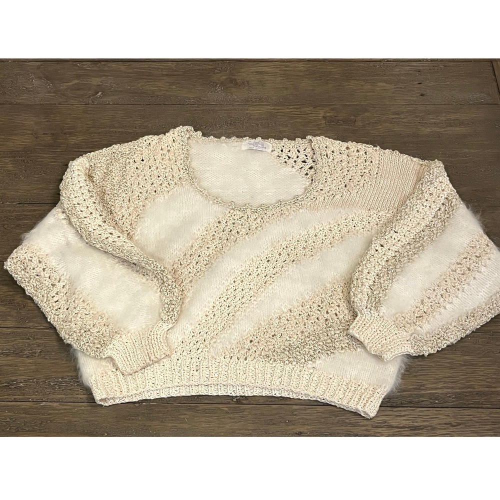 Hand Knitted Cream Gold Metallic Fuzzy Striped Sweater Crop Woolly Weavers Small - Picture 3 of 8